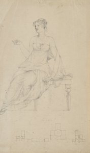 Mujer sentada en un banco y cuatro planos de planta de Samuel Finley Breese Morse